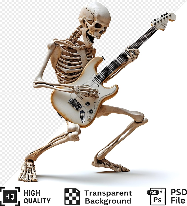 PSD skeleton rock star plays electric guitar with passion isolated on transparent background