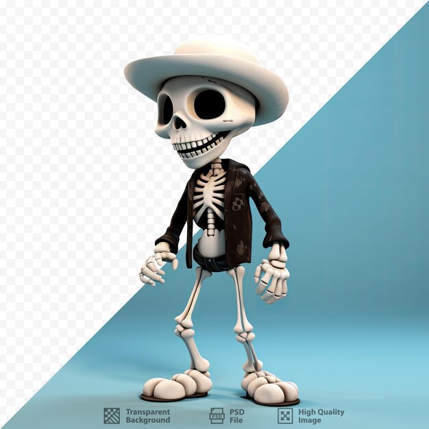 PSD uno scheletro che indossa un cappello e un berretto si trova di fronte a uno sfondo blu.