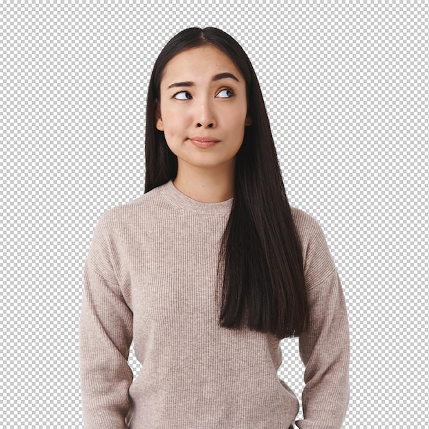 skeptical unsure attractive asian woman with long dark hair have doubts and hesitation making choice with uncertain expression smirk bothered look suspicious upper right corner concerned