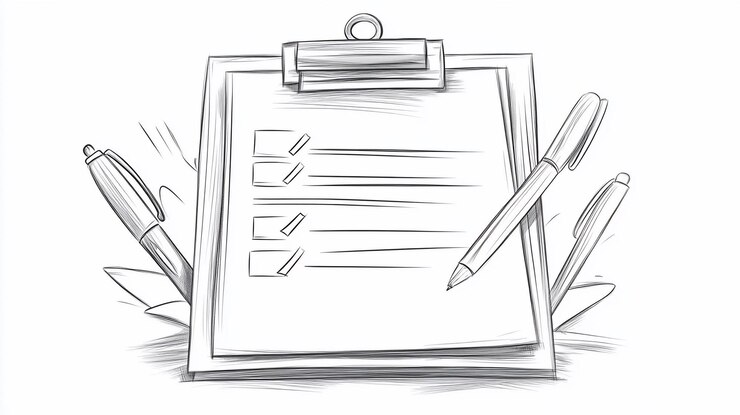 PSD sketch of clipboard with checklist and pens