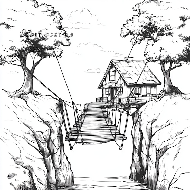 PSD sketch of a house on a cliff with a suspension bridge