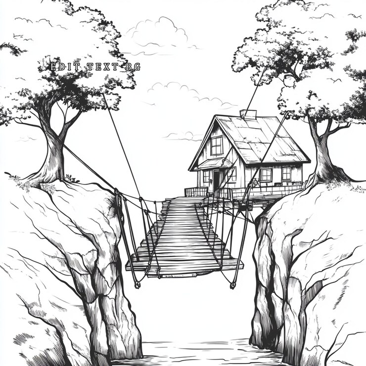 PSD sketch of a house on a cliff with a suspension bridge