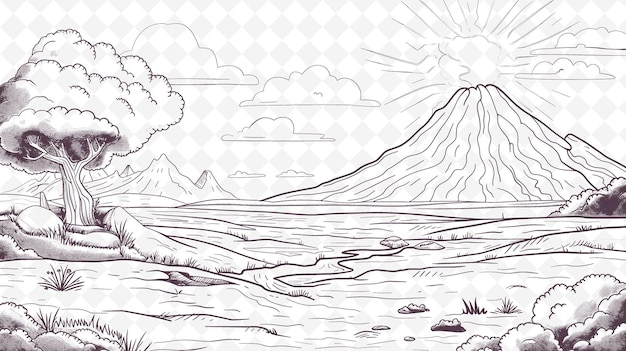 Sketch of a mountain with a river and mountains