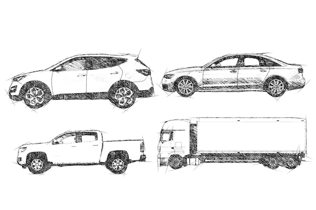 Tipi di schizzi di collezione di automobili disegno di veicoli stile disegnato a matita a mano