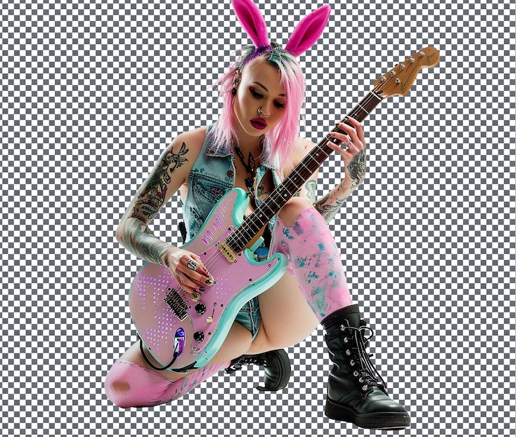 PSD skillful bunny ear rock star model isolated on transparent background