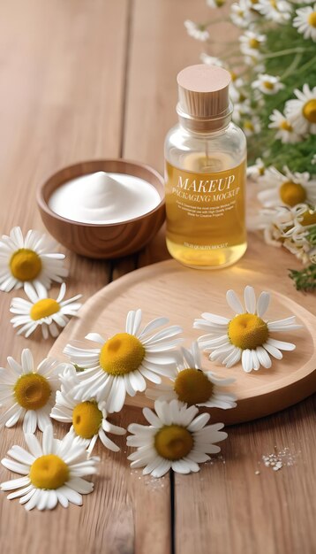 Skin care products and chamomile flowers on wooden table