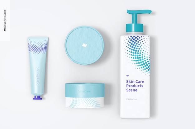 PSD skin care products scene mockup, top view