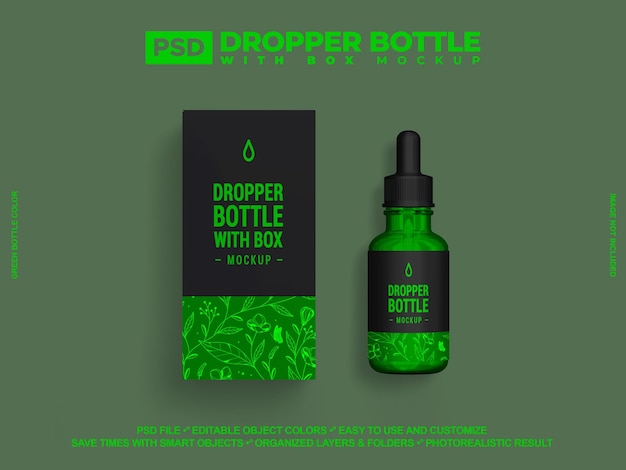 Уход за кожей Зелёная стеклянная бутылка с капюшоном с коробкой PSD макет капюшонный набор макет для брендинга