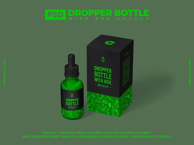 Skincare Green glass dropper bottle with box PSD mockup Dropper Set Mock up for branding