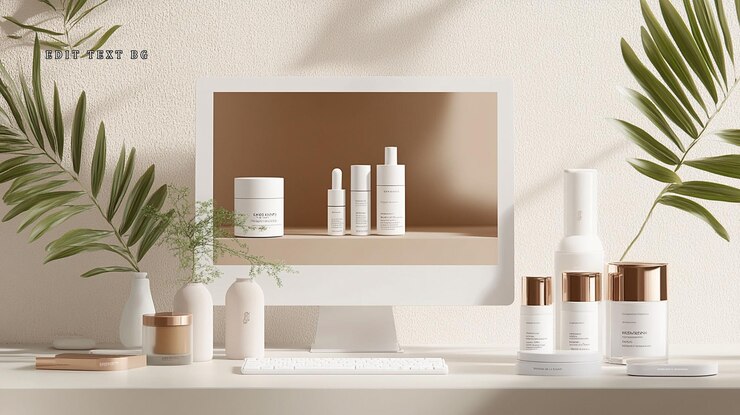 Skincare products displayed on a computer screen and desk surrounded by plants