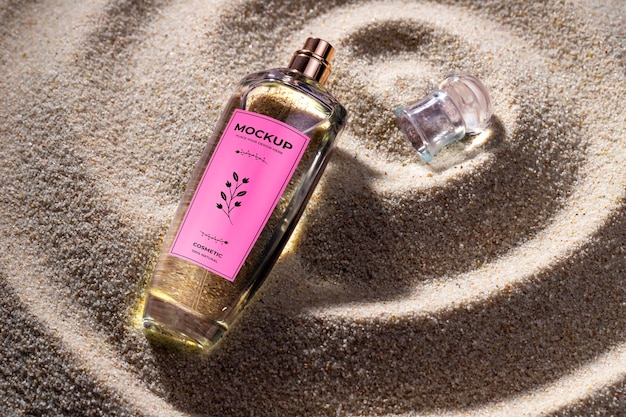 Skincare products printed in sand mockup