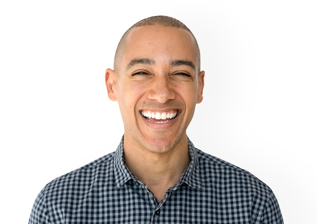 Skinhead man wearing checkered shirt studio shoot and smiling