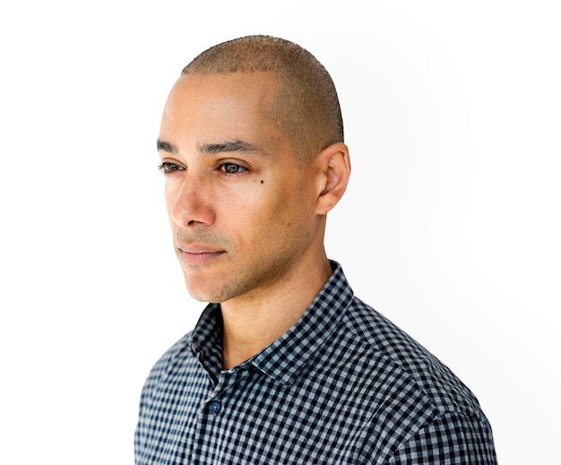 Skinhead man wearing checkered shirt studio shoot