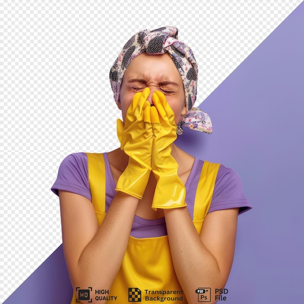 Skoncentrowana Młoda Kobieta Sprzątająca Nosząca Uniformę Bandanę I Gumowe Rękawiczki Trzymająca Rękę Przed Ustami Kichając Z Zamkniętymi Oczami Nosząca żółtą Koszulę I Fioletową Koszulę Z żółtym Ramieniem I