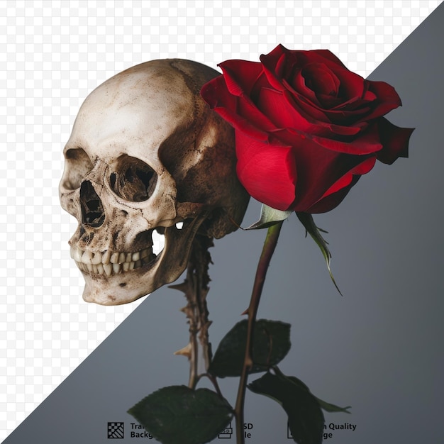 A skull bite a red rose viewed from side with grey isolated background