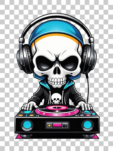 Skull dj con cuffie e illustrazione di giradischi su sfondo trasparente