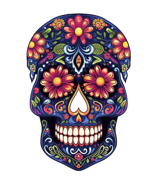 PSD Иллюстрация черепа с мексиканским орнаментом к празднованию дня мертвых