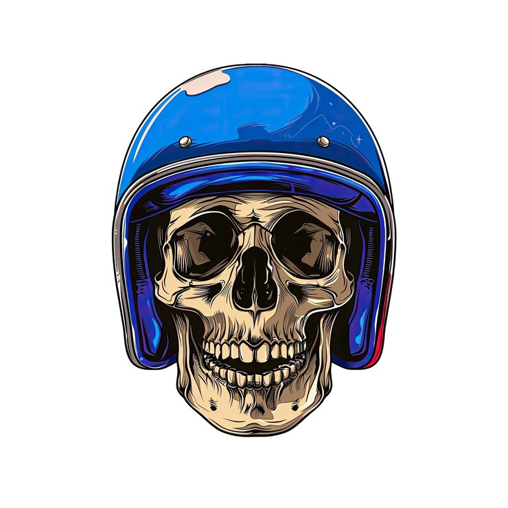 PSD skull wearing a blue motorcycle helmet