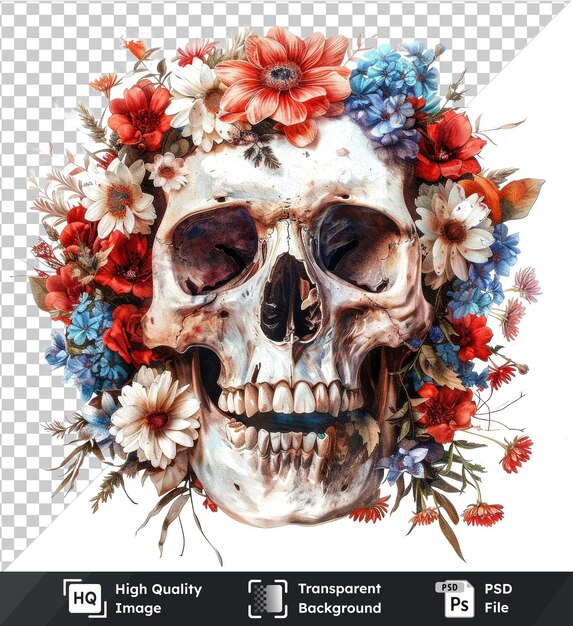 PSD skull with floral wreath on isolated background watercolor illustration