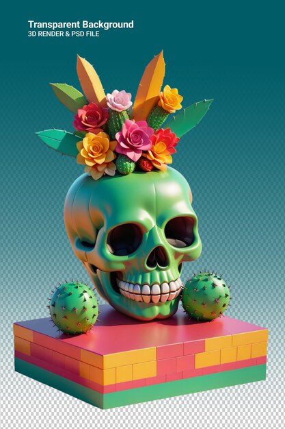 PSD a skull with flowers on it sits on a cube