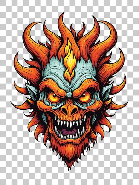 Skull with horns and fire flames isolated on transparent background