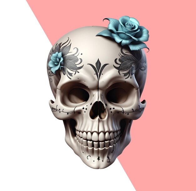 Skull with tattoos and 3d flowers