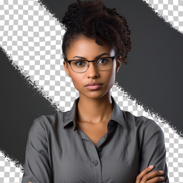 PSD skupiona młoda afroamerykańska dziewczyna w okularach stojąca ze złożonymi rękami portret studijski z headshotem izolowany na przezroczystym tle