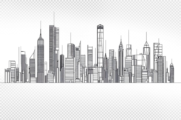PSD skyline city buildings line illustration isolated