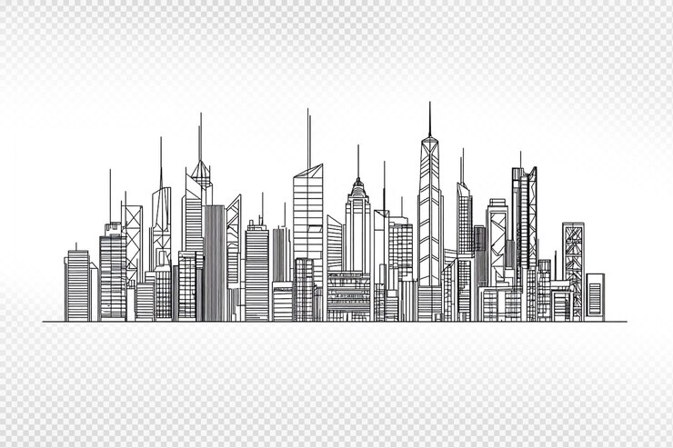PSD skyline city buildings line illustration isolated