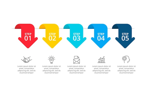 PSD slajd z pięcioma strzałkami koncepcja procesu biznesowego z 5 opcjami płaska ilustracja do wizualizacji i analizy danych nowoczesny szablon projektu infografiki
