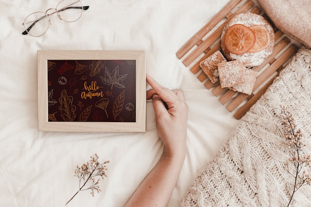 Slate mockup with breakfast on bed