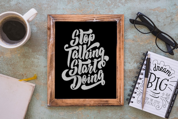 Slate mockup with coffee and notepad