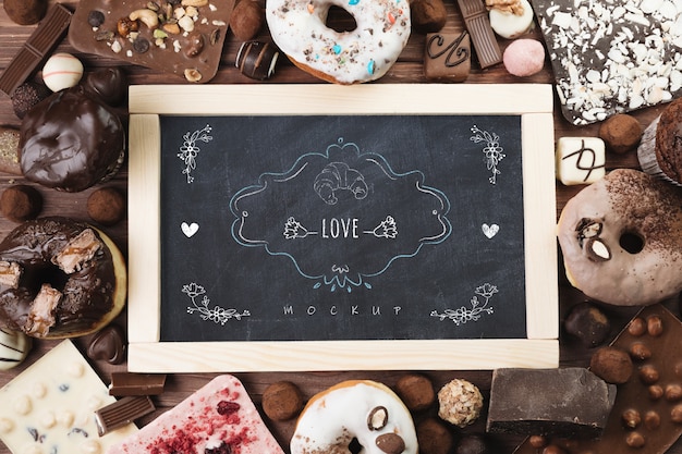 PSD slate mockup con deliziosa pasticceria