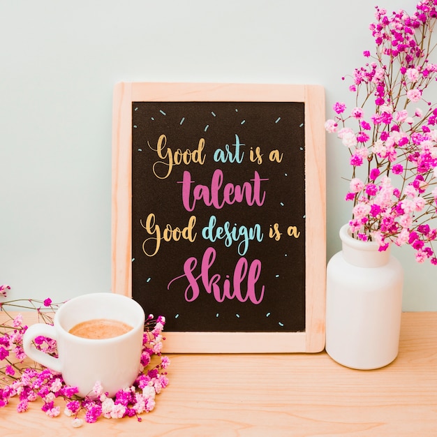 slate mockup with floral decoratio