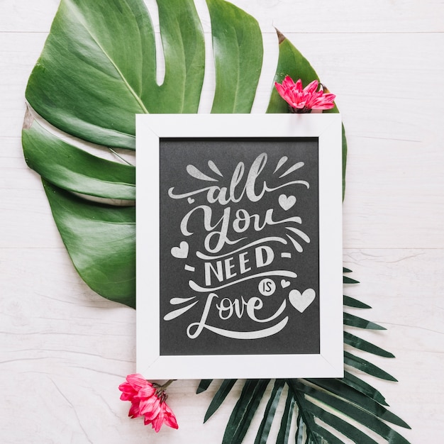 PSD slate mockup with floral valentines day concept