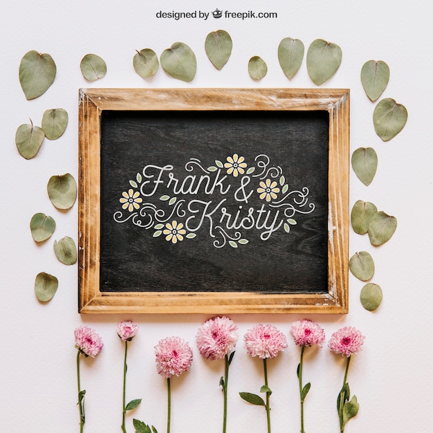 PSD slate mockup with flowers and leaves