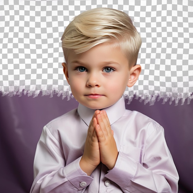 Slavic preschooler enthralled in theater attire posed serenely against lilac background