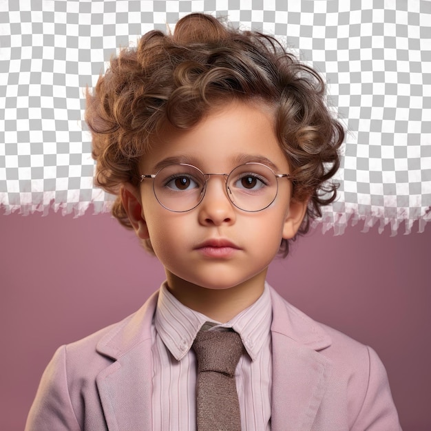 Slavic preschooler hopeful wavy haired receptionist focused glasses pastel mauve background