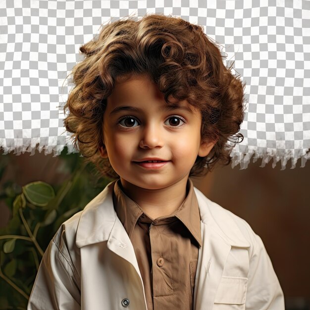 PSD slavic preschooler shines wavy hair scientist attire dramatic shadow play pastel cream background