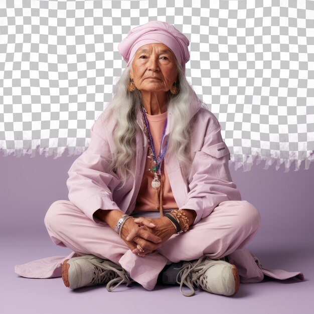 Slavic senior in hiking gear stylish sitting pose in pastel lavender background