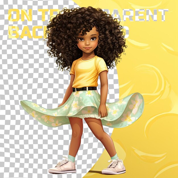 PSD slavic surfing queen kinky haired toddler rocks pastel yellow background with crossed ankles