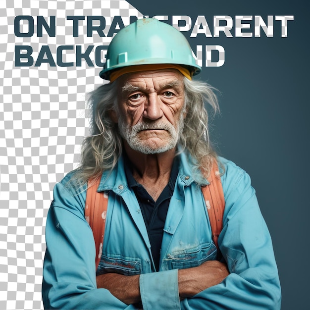 PSD slavische senior man gedurfde bouwvakker in casual haar tug pose op pastel teal achtergrond