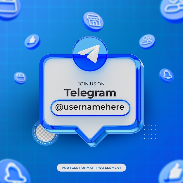 PSD Śledź nas na profilu telegram social media 3d render izolowany do kompozycji