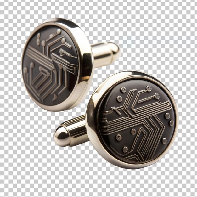 PSD sleek black cufflinks with subtle circuitry on transparent background