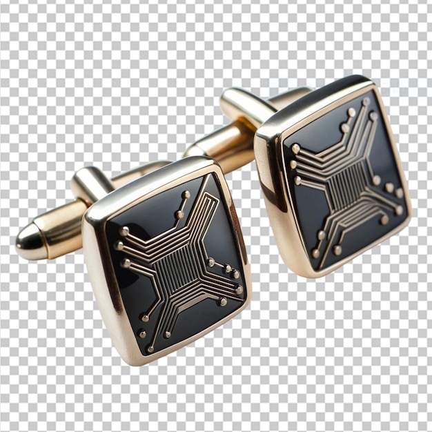 Sleek black cufflinks with subtle circuitry on transparent background