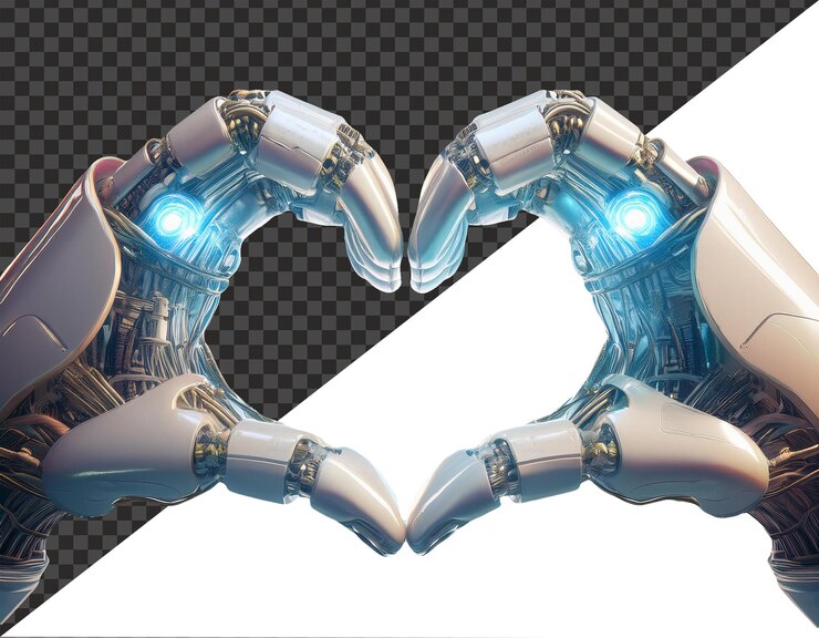 PSD sleek futuristic white robotic hands forming a heart shape with blue led accents