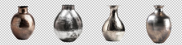 PSD sleek metallic vase with a hammered finish set isolated on transparent background