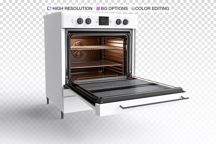 PSD sleek modern oven isolated on clean white background for advertising