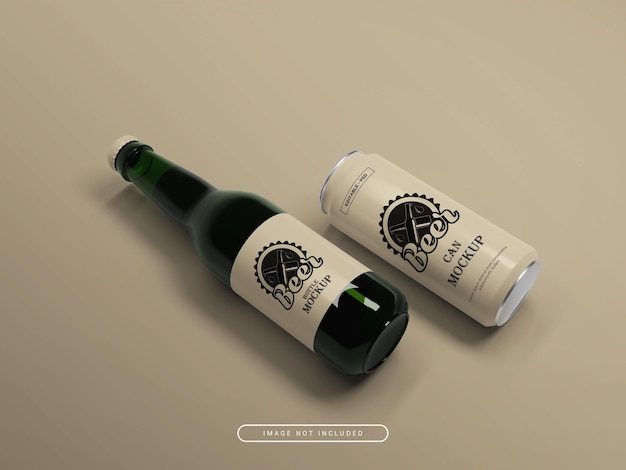 Elegante lattina di soda o birra con mockup di bottiglia