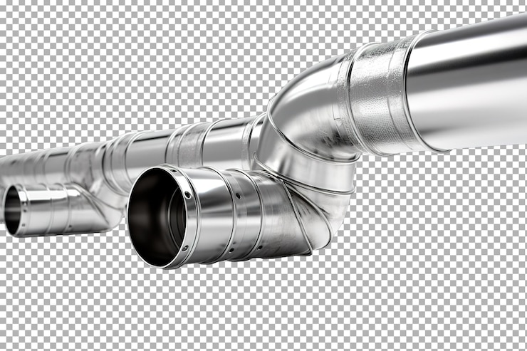PSD sleek stainless steel ductwork curving through a modern industrial space with bright lighting isolated on a transparent background png